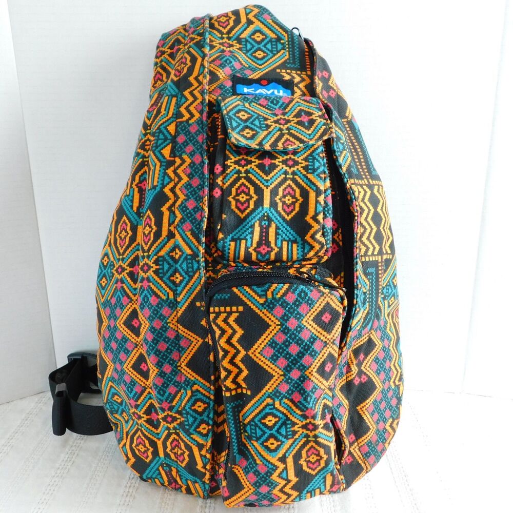 KAVU Sling Crossbody Purse Rope Bag Orange Black Aztec Women's Canvas Tote EUC!!